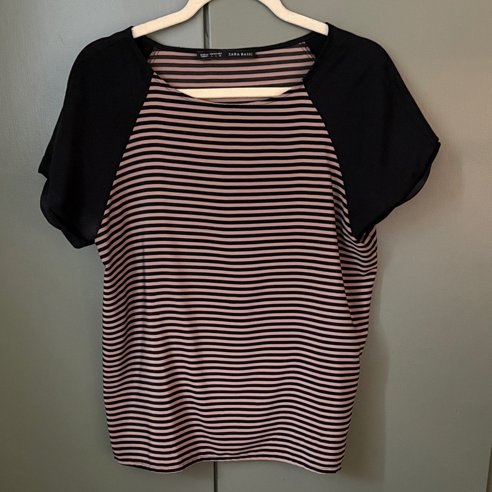 Zara Black and Tan Striped Short Sleeve Tee
